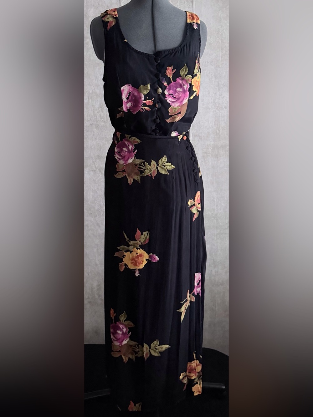 VTG Pamela B Dark Floral Rayon Skirt Set 6 Whimsygoth Co-ord Blouse Maxi 90s